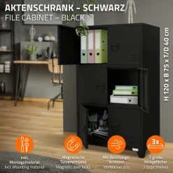 Büroschrank mit drei Ebenen Magnetverschluss 75x40x120 cm Schwarz aus Stahl ML-Design-ECD Germany Hot