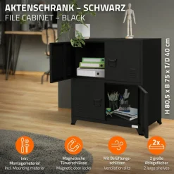 Büroschrank mit zwei Ebenen Magnetverschluss 75x40x80,5 cm Schwarz aus Stahl ML-Design-ECD Germany Best
