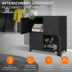 Büroschrank mit zwei Ebenen Magnetverschluss 75x40x80,5 cm Anthrazit aus Stahl ML-Design-ECD Germany Discount