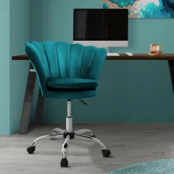Bürostuhl mit Rollen und Rückenlehne Muscheldesign 68x68 cm Petrol aus Samt Schminktisch Stuhl ML-Design-ECD Germany Online