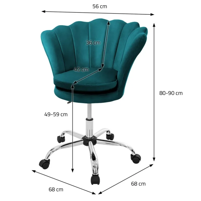 Bürostuhl mit Rollen und Rückenlehne Muscheldesign 68x68 cm Petrol aus Samt Schminktisch Stuhl ML-Design-ECD Germany Online