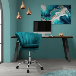 Bürostuhl mit Rollen und Rückenlehne Muscheldesign 68x68 cm Petrol aus Samt Schminktisch Stuhl ML-Design-ECD Germany Online