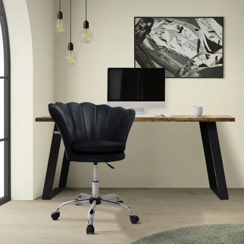 Bürostuhl mit Rollen und Rückenlehne Muscheldesign 68x68 cm Schwarz aus Samt Schminktisch Stuhl ML-Design-ECD Germany Discount