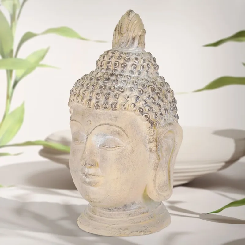 Buddha Kopf Figur 30x30x55 cm beige/grau aus Kunststein-ECD Germany Best
