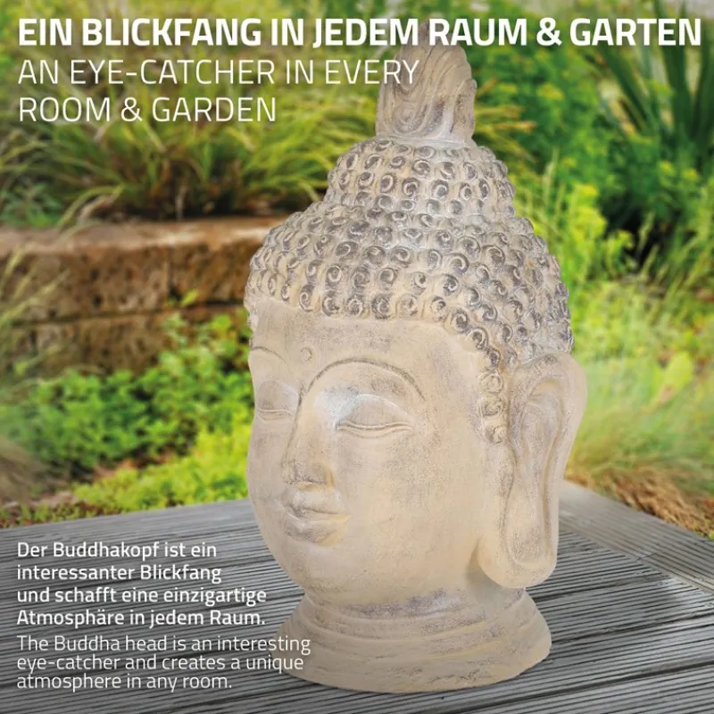 Buddha Kopf Figur 30x30x55 cm beige/grau aus Kunststein-ECD Germany Best