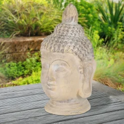 Buddha Kopf Figur 30x30x55 cm beige/grau aus Kunststein-ECD Germany Best