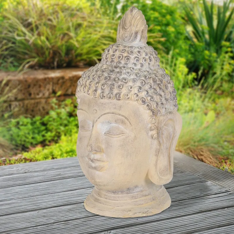 Buddha Kopf Figur 30x30x55 cm beige/grau aus Kunststein-ECD Germany Best