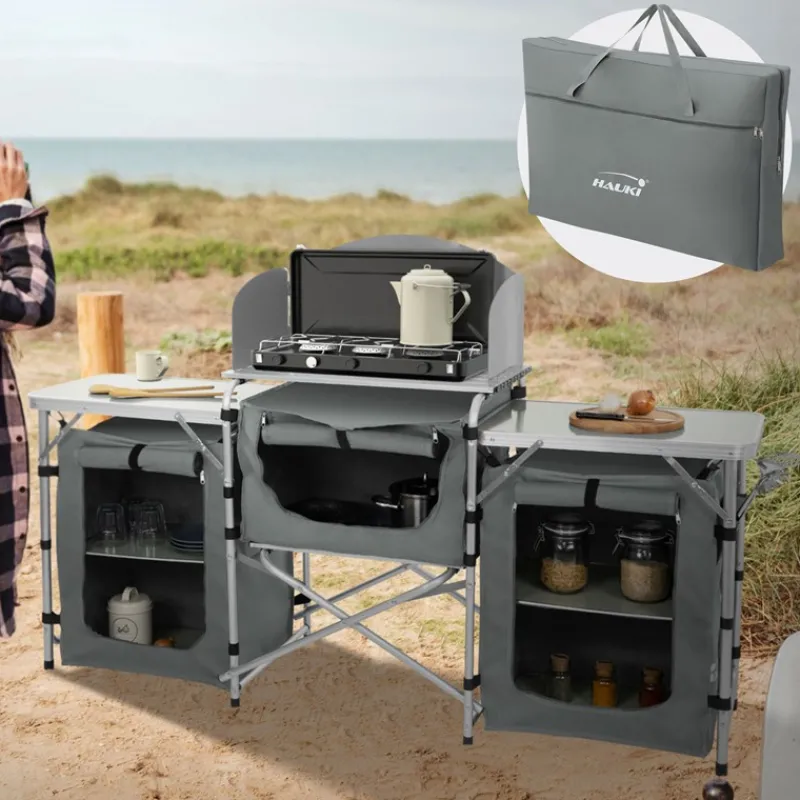 Camping Küche faltbar mit Tragetasche Grau aus Aluminium inkl. Arbeitsplatte Hauki-ECD Germany Discount