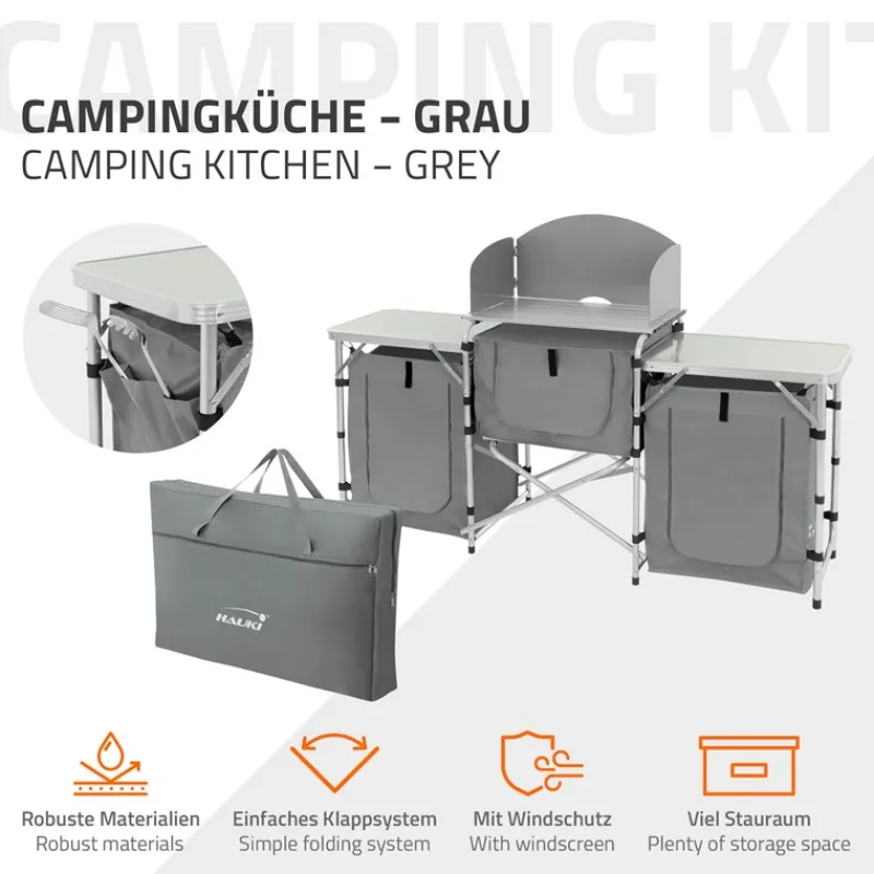Camping Küche faltbar mit Tragetasche Grau aus Aluminium inkl. Arbeitsplatte Hauki-ECD Germany Discount