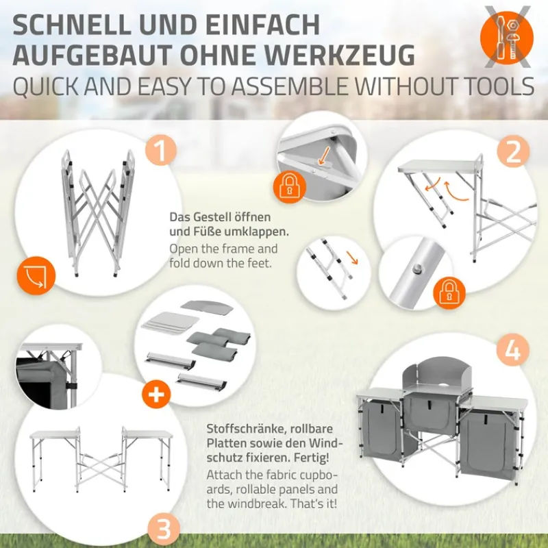 Camping Küche faltbar mit Tragetasche Grau aus Aluminium inkl. Arbeitsplatte Hauki-ECD Germany Discount