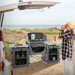 Camping Küche faltbar mit Tragetasche Grau aus Aluminium inkl. Arbeitsplatte Hauki-ECD Germany Discount