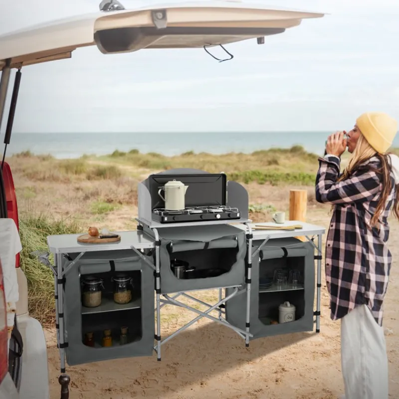 Camping Küche faltbar mit Tragetasche Grau aus Aluminium inkl. Arbeitsplatte Hauki-ECD Germany Discount