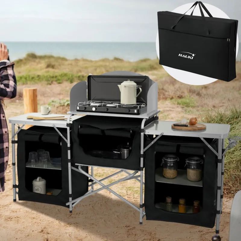 Camping Küche faltbar mit Tragetasche Schwarz aus Aluminium inkl. Arbeitsplatte Hauki-ECD Germany New