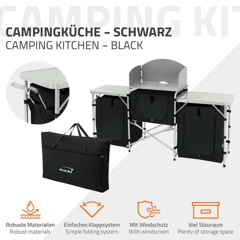 Camping Küche faltbar mit Tragetasche Schwarz aus Aluminium inkl. Arbeitsplatte Hauki-ECD Germany New