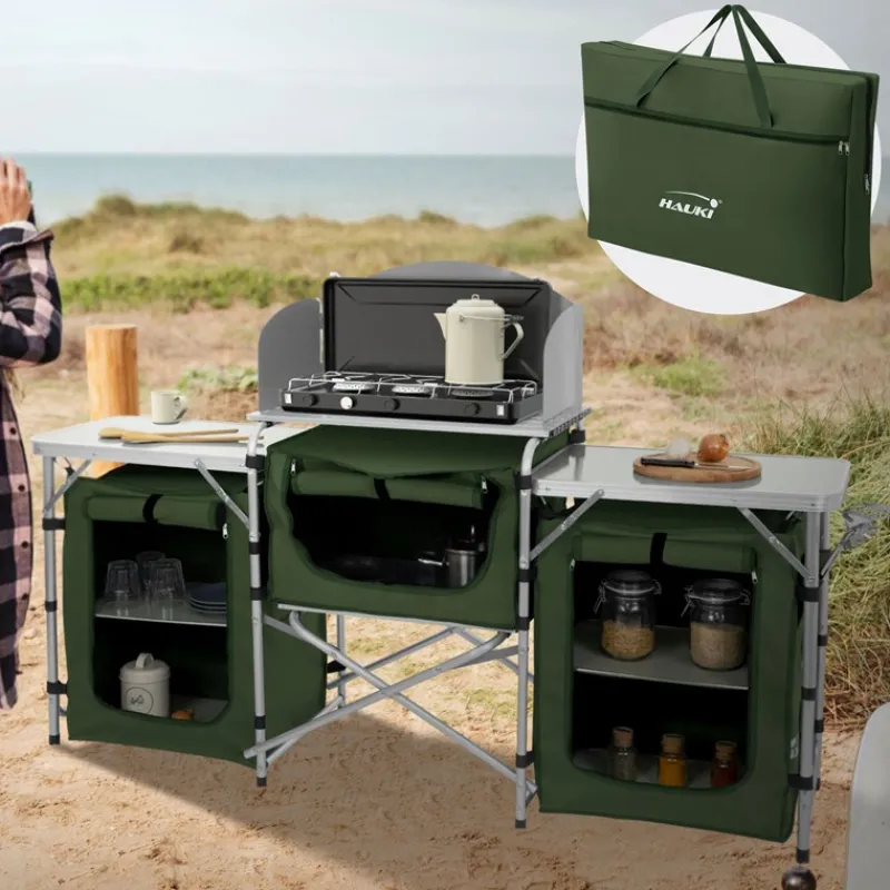 Camping Küche faltbar mit Tragetasche Khaki aus Aluminium inkl. Arbeitsplatte Hauki-ECD Germany Best