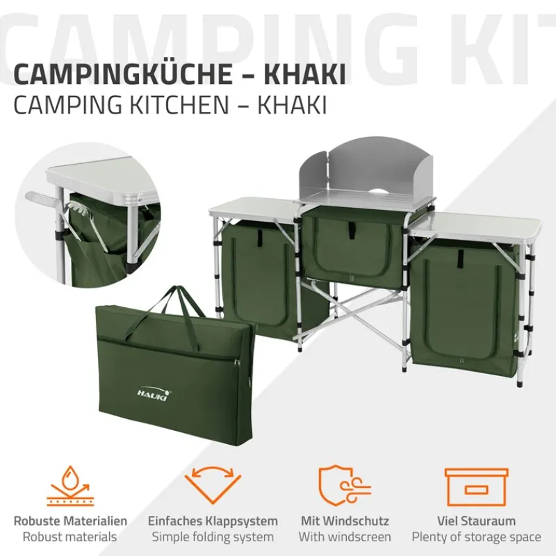 Camping Küche faltbar mit Tragetasche Khaki aus Aluminium inkl. Arbeitsplatte Hauki-ECD Germany Best