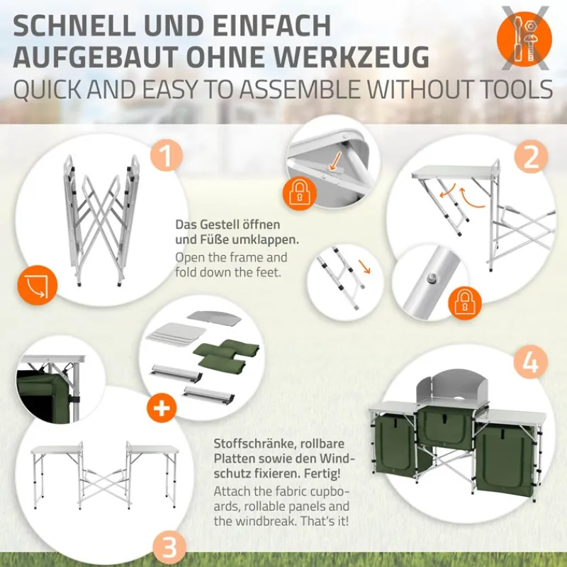 Camping Küche faltbar mit Tragetasche Khaki aus Aluminium inkl. Arbeitsplatte Hauki-ECD Germany Best