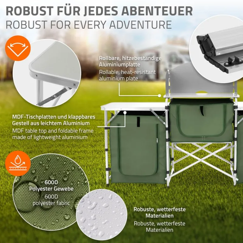 Camping Küche faltbar mit Tragetasche Khaki aus Aluminium inkl. Arbeitsplatte Hauki-ECD Germany Best