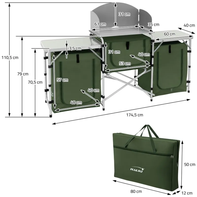 Camping Küche faltbar mit Tragetasche Khaki aus Aluminium inkl. Arbeitsplatte Hauki-ECD Germany Best