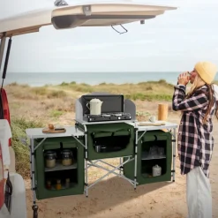 Camping Küche faltbar mit Tragetasche Khaki aus Aluminium inkl. Arbeitsplatte Hauki-ECD Germany Best