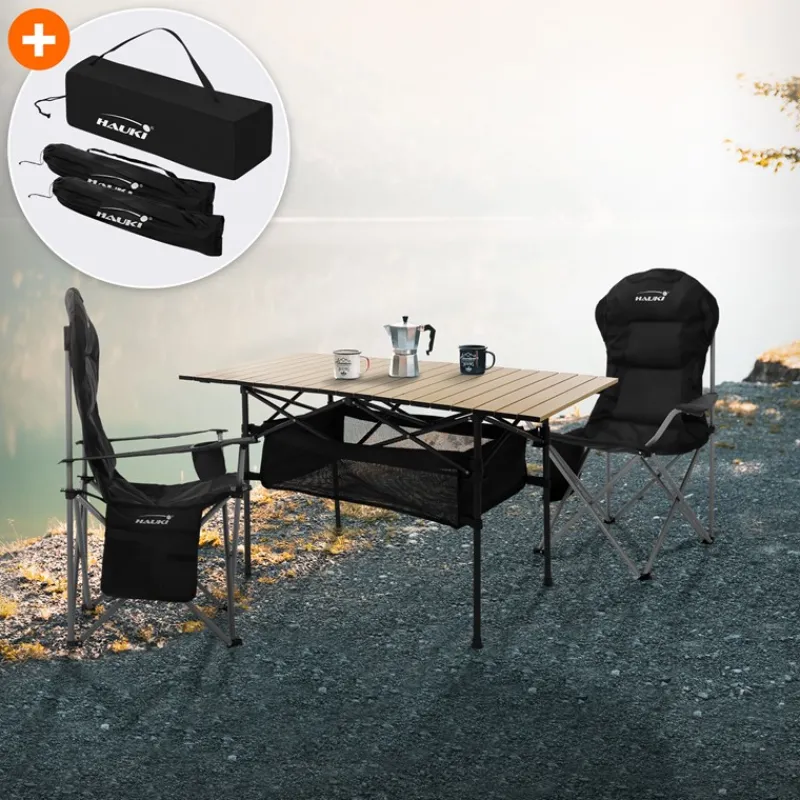 Camping Set 3-teilig mit Klapptisch Beige und 2 Campingstühlen Schwarz HAUKI-ECD Germany Sale