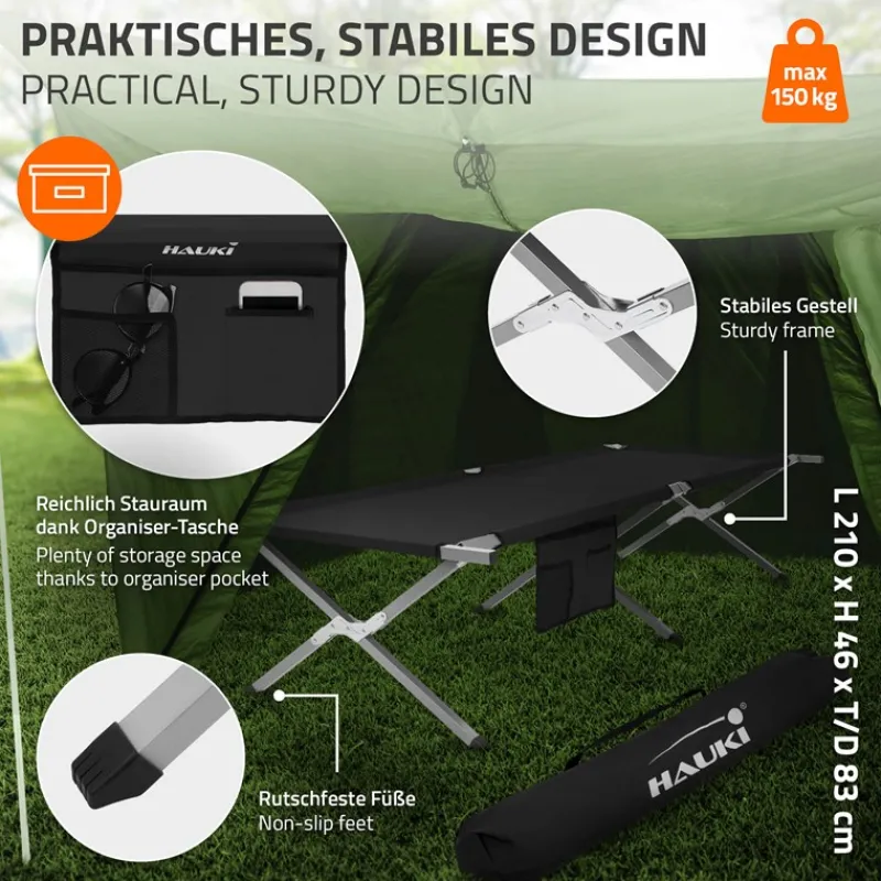 Campingbett Feldbett klappbar 210x83x46 cm Schwarz mit Tragetasche bis 150 kg Hauki-ECD Germany Discount