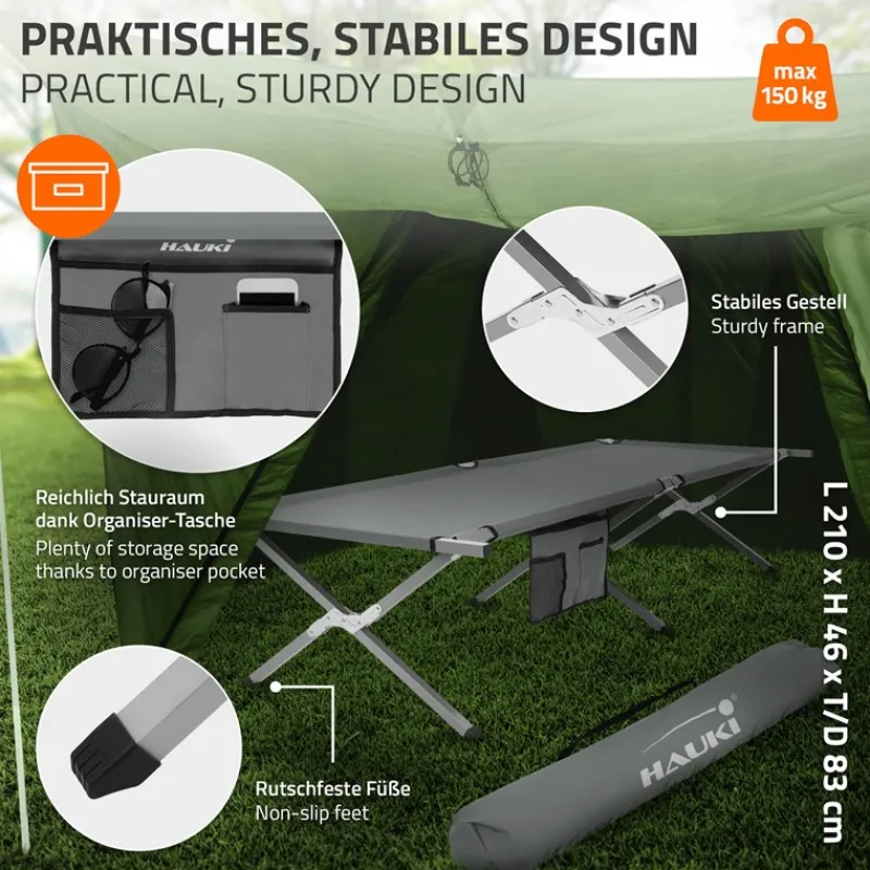 Campingbett Feldbett klappbar 210x83x46 cm Grau mit Tragetasche bis 150 kg HAUKI-ECD Germany Sale