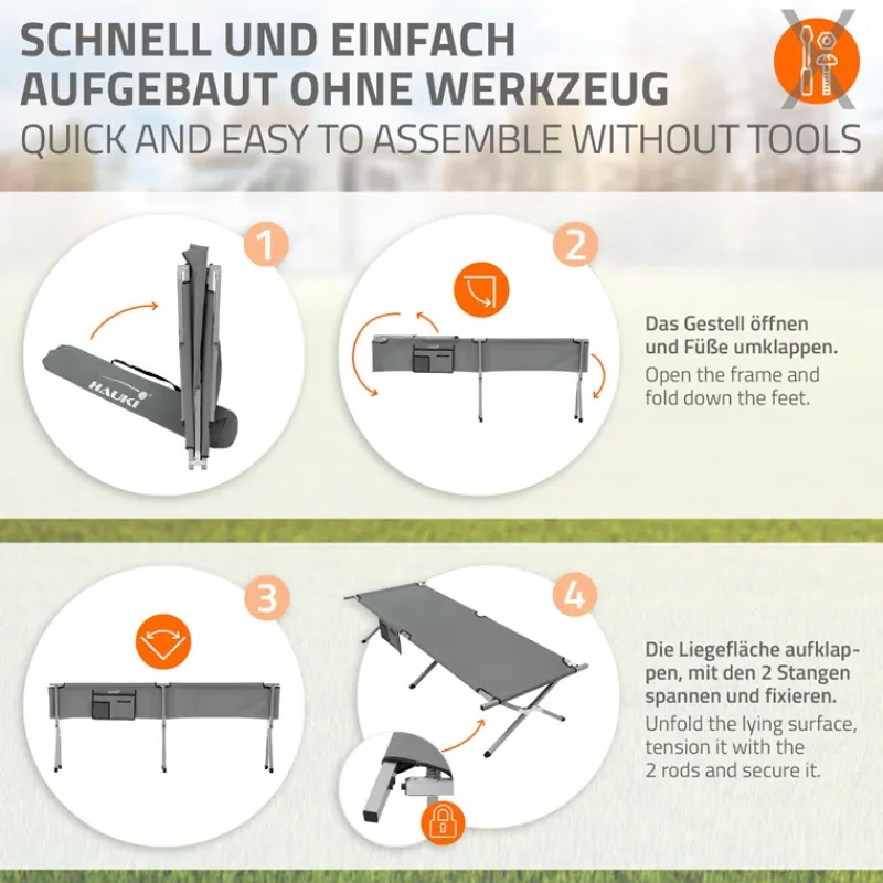 Campingbett Feldbett klappbar 210x83x46 cm Grau mit Tragetasche bis 150 kg HAUKI-ECD Germany Sale