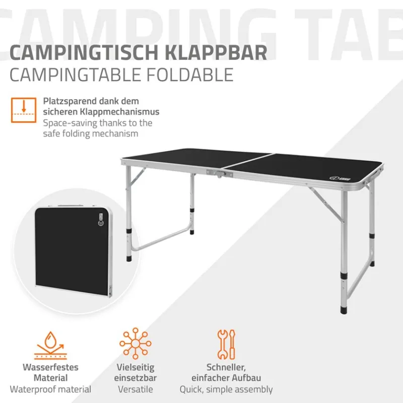 Campingtisch klappbar 120x60x54-70 cm Schwarz aus Aluminium-ECD Germany Clearance