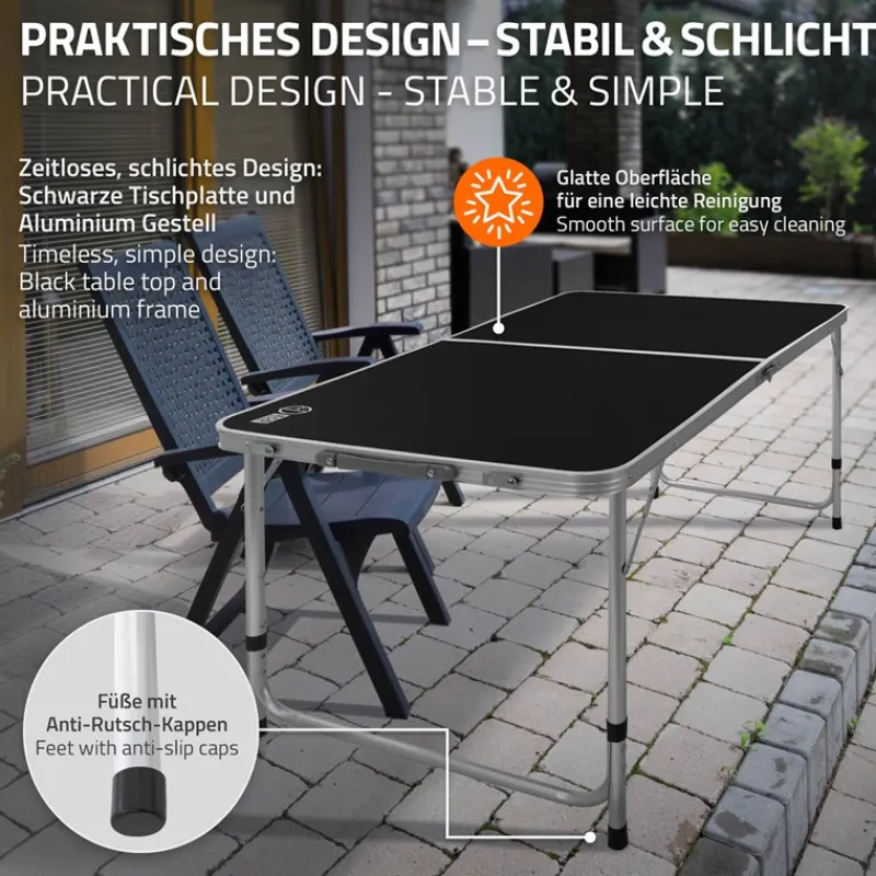 Campingtisch klappbar 120x60x54-70 cm Schwarz aus Aluminium-ECD Germany Clearance