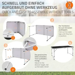 Campingtisch klappbar 120x60x54-70 cm Schwarz aus Aluminium-ECD Germany Clearance