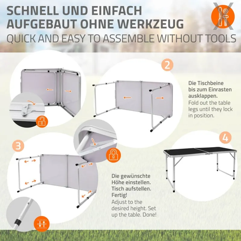 Campingtisch klappbar 120x60x54-70 cm Schwarz aus Aluminium-ECD Germany Clearance