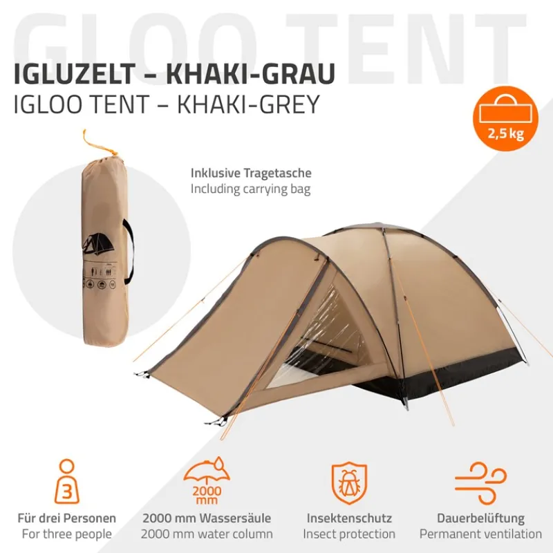 Campingzelt für 2-3 Personen 210x180x120 cm Beige-Grau Kuppelzelt Iglu-Zelt mit verschließbarem Vorraum-ECD Germany Outlet