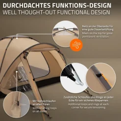 Campingzelt für 2-3 Personen 210x180x120 cm Beige-Grau Kuppelzelt Iglu-Zelt mit verschließbarem Vorraum-ECD Germany Outlet