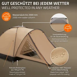 Campingzelt für 2-3 Personen 210x180x120 cm Beige-Grau Kuppelzelt Iglu-Zelt mit verschließbarem Vorraum-ECD Germany Outlet