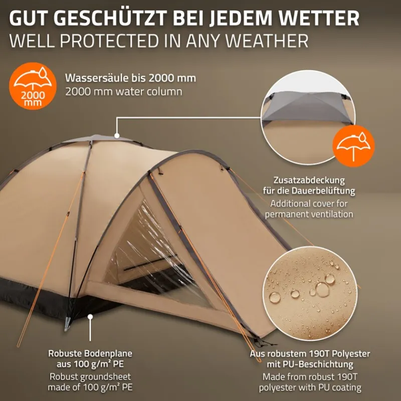 Campingzelt für 2-3 Personen 210x180x120 cm Beige-Grau Kuppelzelt Iglu-Zelt mit verschließbarem Vorraum-ECD Germany Outlet