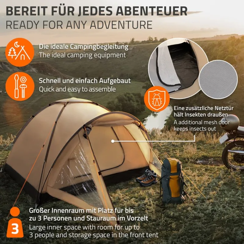 Campingzelt für 2-3 Personen 210x180x120 cm Beige-Grau Kuppelzelt Iglu-Zelt mit verschließbarem Vorraum-ECD Germany Outlet