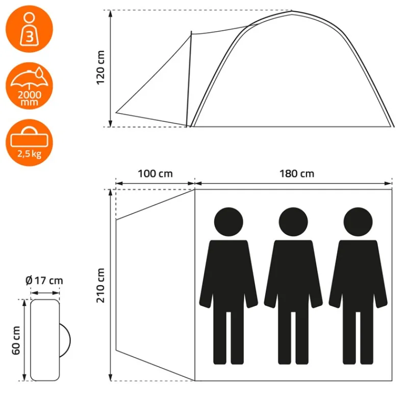 Campingzelt für 2-3 Personen 210x180x120 cm Beige-Grau Kuppelzelt Iglu-Zelt mit verschließbarem Vorraum-ECD Germany Outlet