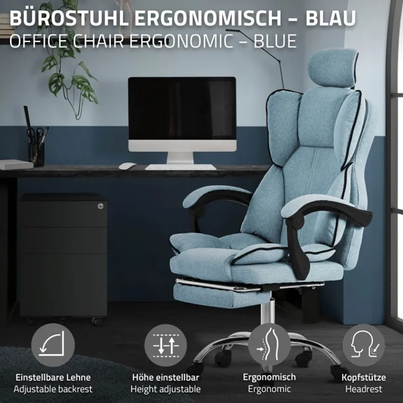 Chefsessel Bürostuhl höhenverstellbar Blau mit höhenverstellbarer Rückenlehne und Fuß-& Kopfstütze bis 120 kg ML-Design-ECD Germany