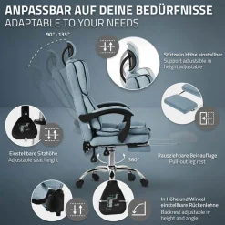 Chefsessel Bürostuhl höhenverstellbar Blau mit höhenverstellbarer Rückenlehne und Fuß-& Kopfstütze bis 120 kg ML-Design-ECD Germany