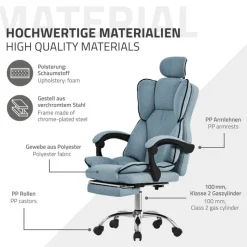 Chefsessel Bürostuhl höhenverstellbar Blau mit höhenverstellbarer Rückenlehne und Fuß-& Kopfstütze bis 120 kg ML-Design-ECD Germany