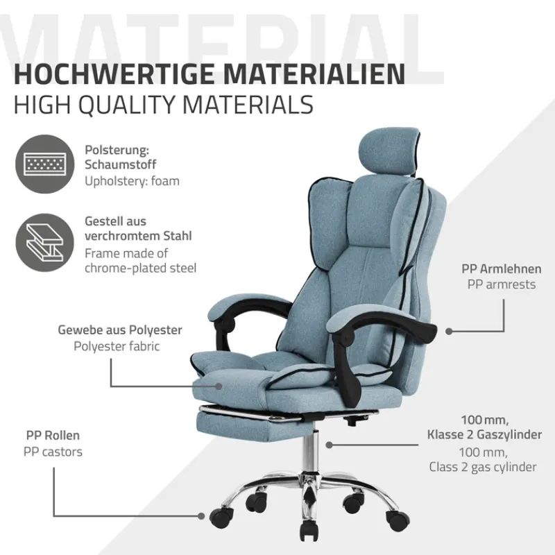 Chefsessel Bürostuhl höhenverstellbar Blau mit höhenverstellbarer Rückenlehne und Fuß-& Kopfstütze bis 120 kg ML-Design-ECD Germany