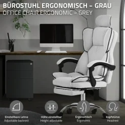 Chefsessel Bürostuhl höhenverstellbar Hellgrau mit höhenverstellbarer Rückenlehne und Fuß-& Kopfstütze bis 120 kg ML-Design-ECD Germany Best