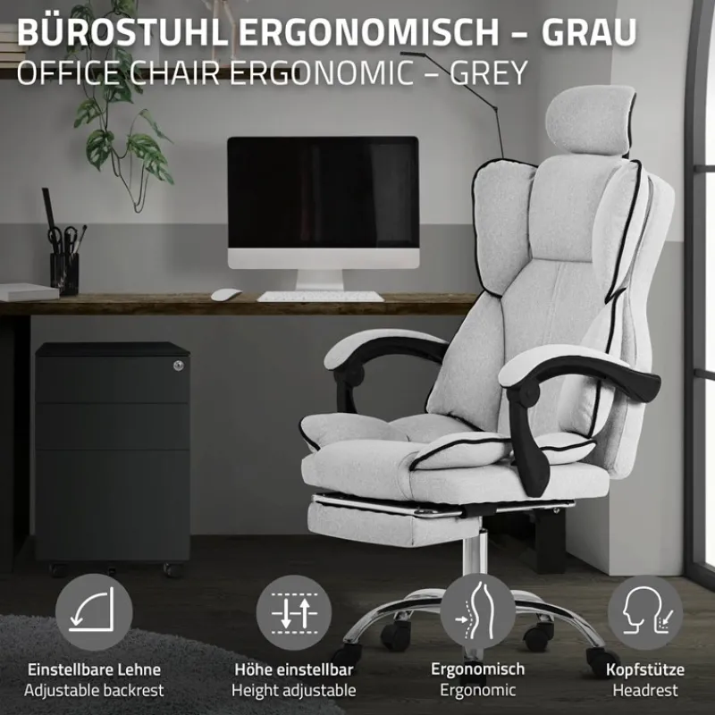 Chefsessel Bürostuhl höhenverstellbar Hellgrau mit höhenverstellbarer Rückenlehne und Fuß-& Kopfstütze bis 120 kg ML-Design-ECD Germany Best