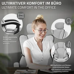 Chefsessel Bürostuhl höhenverstellbar Hellgrau mit höhenverstellbarer Rückenlehne und Fuß-& Kopfstütze bis 120 kg ML-Design-ECD Germany Best