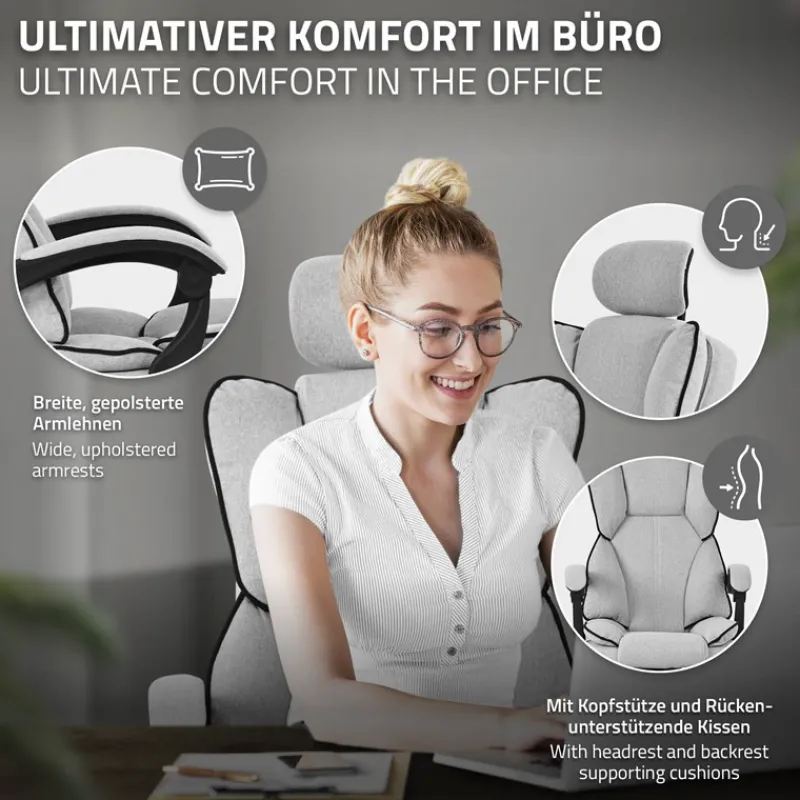 Chefsessel Bürostuhl höhenverstellbar Hellgrau mit höhenverstellbarer Rückenlehne und Fuß-& Kopfstütze bis 120 kg ML-Design-ECD Germany Best