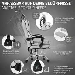 Chefsessel Bürostuhl höhenverstellbar Hellgrau mit höhenverstellbarer Rückenlehne und Fuß-& Kopfstütze bis 120 kg ML-Design-ECD Germany Best