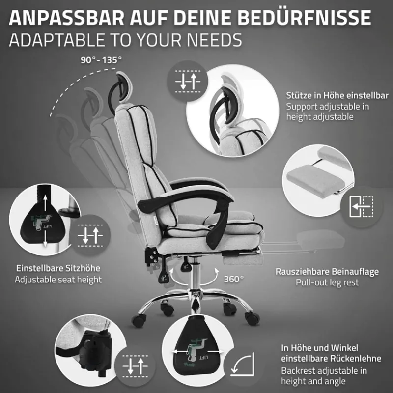 Chefsessel Bürostuhl höhenverstellbar Hellgrau mit höhenverstellbarer Rückenlehne und Fuß-& Kopfstütze bis 120 kg ML-Design-ECD Germany Best