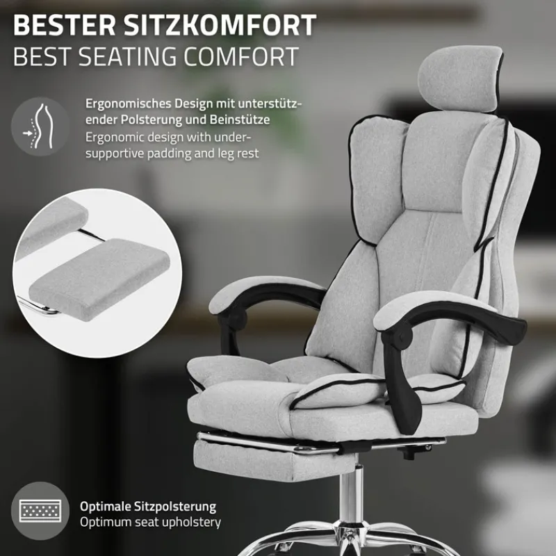 Chefsessel Bürostuhl höhenverstellbar Hellgrau mit höhenverstellbarer Rückenlehne und Fuß-& Kopfstütze bis 120 kg ML-Design-ECD Germany Best
