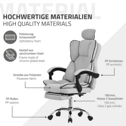 Chefsessel Bürostuhl höhenverstellbar Hellgrau mit höhenverstellbarer Rückenlehne und Fuß-& Kopfstütze bis 120 kg ML-Design-ECD Germany Best